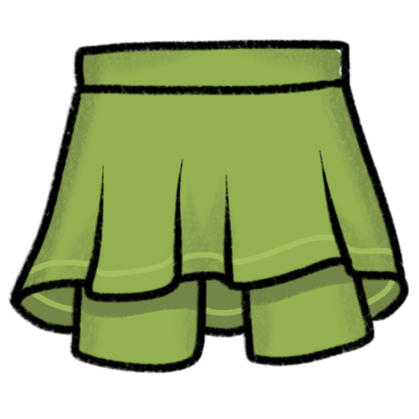 a short green skirt with attached shorts underneath.